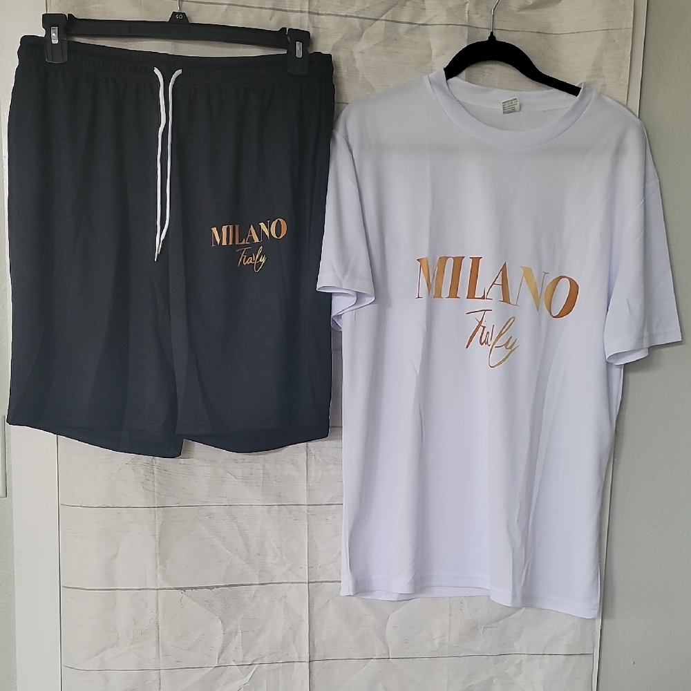 Milano White Tee with Gold Logo and Black Shorts